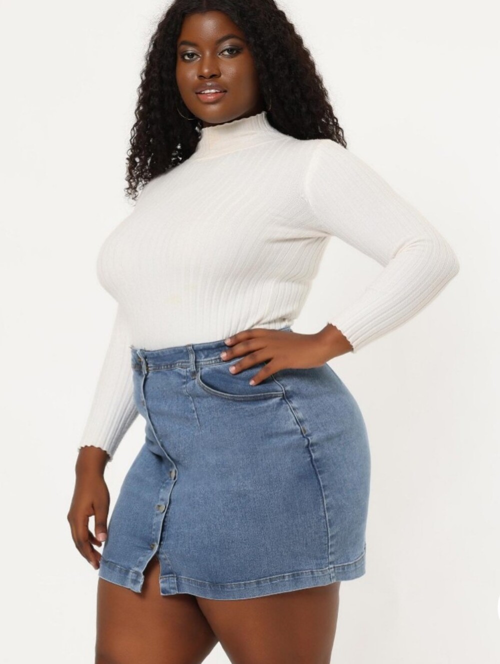 Agnes Orinda Plus Size Button A Line Side Pocket Mini Denim Skirt 3X Sky Blue